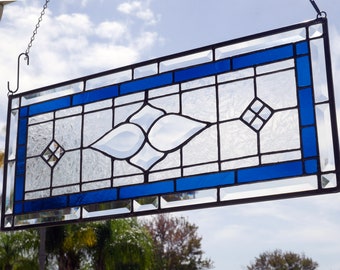 Stained glass, transom window, hanging panel, bevel glass, vintage, Victorian, handmade, blue, clear
