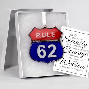 AA Rule 62 Stained Glass Sun Catcher, AA Christmas Ornament, Sobriety Gift, Recovery Gift, Sponsor Gift, red and blue glass