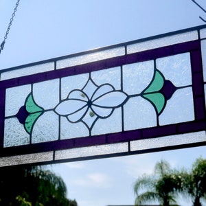 Stained glass, transom window, stain glass panel, beveled glass, deep purple and bold green flowers, vintage, Victorian, handmade