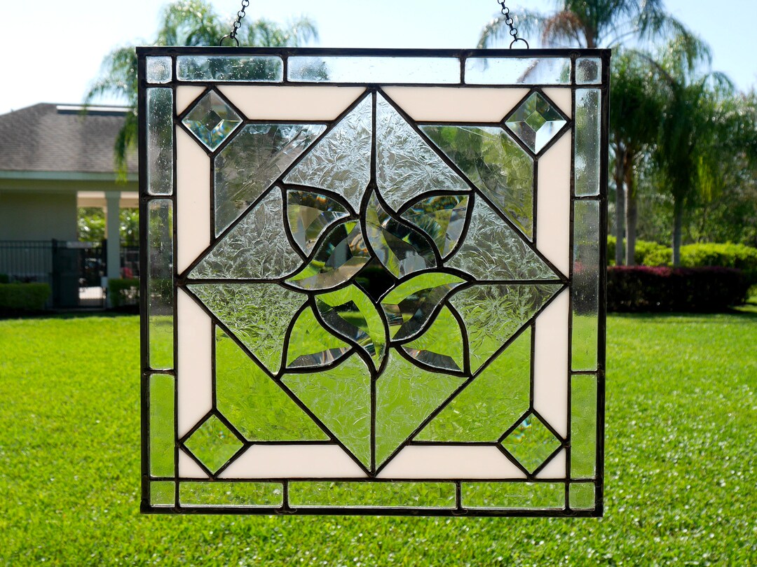 Stained Glass Panel Transom Window Hanging Panel White Etsy