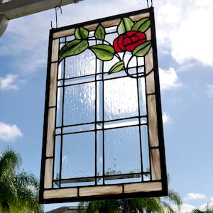 Stained glass panel, window, stain glass panel, beveled glass, red rose flower, rain glass, Victorian, handmade