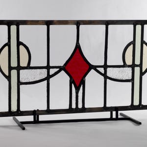 English Style Leaded Glass Panel, Stained Glass Transom, Clear Red and Green and Yellow Glass.