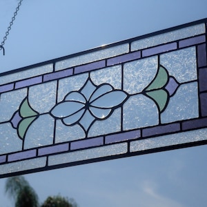 Stained glass, transom window, stain glass panel, beveled glass, purple and green flowers, vintage, Victorian, handmade