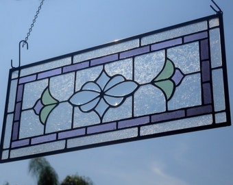 Stained glass, transom window, stain glass panel, beveled glass, purple and green flowers, vintage, Victorian, handmade