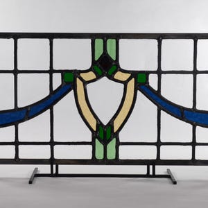 English Style Leaded Glass Panel, Stained Glass Transom, Clear Blue Green and Yellow Glass.