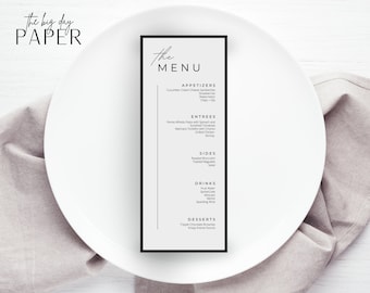 Minimal BOHO Wedding Menu | Modern Black and White | Downloadable | Editable Template | Personalize | Printable Card