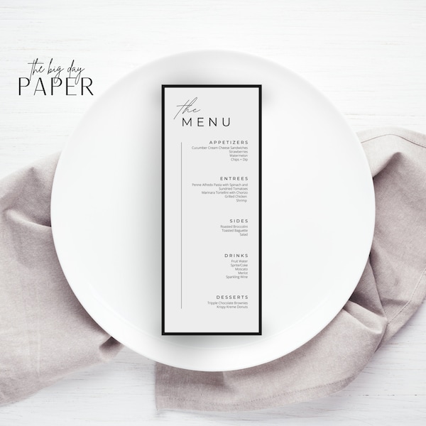 Minimal BOHO Wedding Menu | Modern Black and White | Downloadable | Editable Template | Personalize | Printable Card