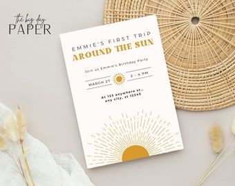 Minimalist First Birthday Invitation: Modern Retro Card (Editable Template)