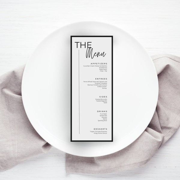 Minimal Wedding Menu | Modern Black and White BOHO | Downloadable | Editable Template | Personalize | Printable Card