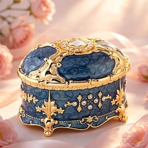 May include: An oval-shaped jewelry box featuring a deep blue enameled body with swirling patterns, accented by ornate gold-tone metal filigree and small clear crystals. The lid is topped with a central crystal, and the base rests on four small feet.
