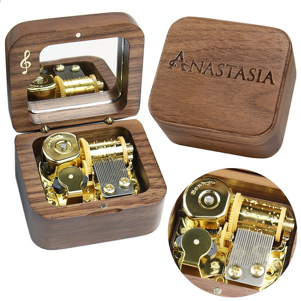 18-Note Custom Tune | Walnut Wind-up Music Box | Custom Engraving Anastasia Once Upon a December | Hand Made Personalized  Music Box
