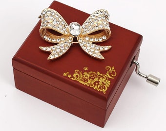 18-Notes Gold Vintage Butterfly Wood Hand Crank Music Box | Custom Engraving | Many Custom Tunes Hand Made Personalized Handmade Music Box