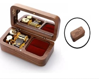 Vintage jewerly Ring Walnut Rectangle Custome Engrave Text Logo Wind Up Music Box ( 70 SONGS TO CHOOSE )