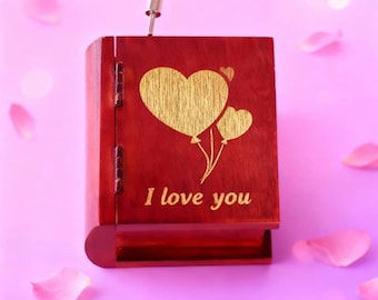 18-Notes Book Heart Balloons and I love you Design Logo Hand Crank Music Box | Custom Engraving | Many Custom Tunes Hand Made  Music Box