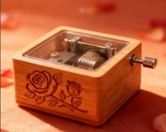 Custom Engrave Beech Rose Flower hand crank Music box : La Vie EN Rose