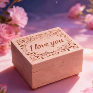 Personalized Rectangle Beech Wood Music Box | I love you design pattern  | 18-Note Movement | 80 songs |