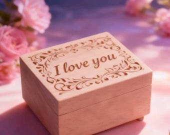 Personalized Rectangle Beech Wood Music Box | I love you design pattern  | 18-Note Movement | 80 songs |