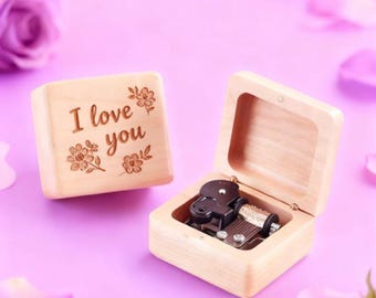 Personalized Engraved Beech Wood Music Box - 'I Love You' Flower Design