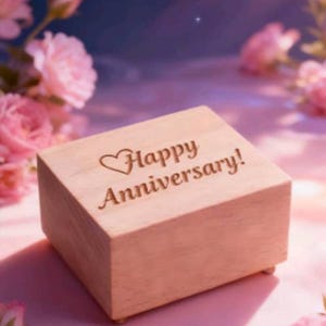 Personalized Rectangle Beech Wood Music Box | Happy Anniversay | : Engraved 18-Note Movement | 80 songs |