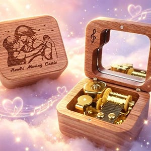 Custom Engraved Walnut Wood Howl's Moving Castle Merry Go Round of Life Music Box