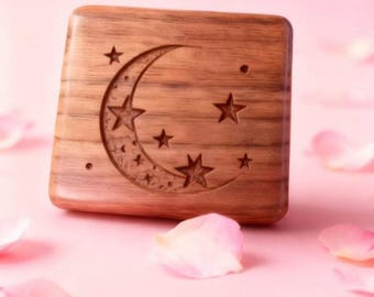 Custom Engraved Walnut Wood Music Box - Moon & Stars Design