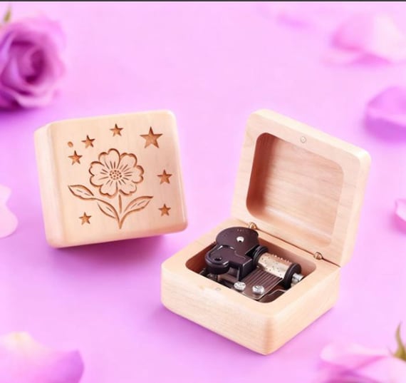 手作り木製オルゴール：カスタム彫刻された星の花、記念日の贈り物