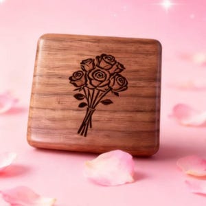 Custom Engraved Walnut Wood Music Box: Roses Bouquet, 18-Note