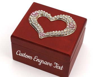 Custom Engraved Walnut Wood Music Box: Pink Heart, 18-Note Tune