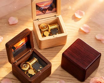 Anniversary gifts couple, kid | Music Box with your own photo | Custom Engraving | 70 Tunes | Hand Made Personalized Music Notes Music Box