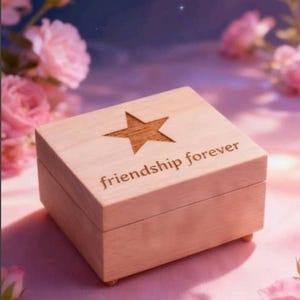 Personalized Rectangle Beech Wood Music Box | Friendship Forever with star logo | : Engraved 18-Note Movement | 80 songs |
