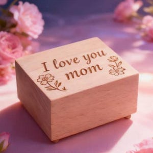 Personalized Rectangle Beech Wood Music Box | I love you mom with flower logo  | 18-Note Movement | 80 songs |