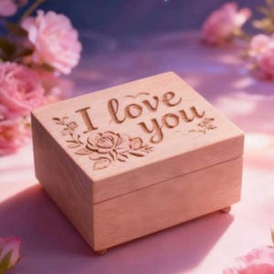 Personalized Rectangle Beech Wood Music Box | I love you Flower pattern  | 18-Note Movement | 80 songs |