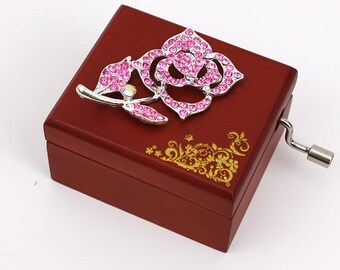 Rose Wood Hand Crank Music Box: Custom Engraved, 18-Note Tune