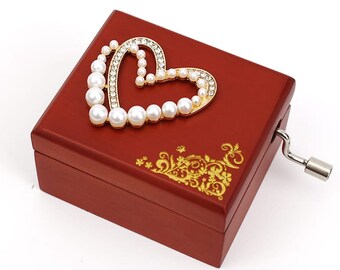 18-Notes Double Heart Wood Hand Crank Music Box | Custom Engraving | Many Custom Tunes Hand Made Personalized Handmade Music Box