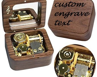 18-Note Custom Tune | Walnut Wood Mirror Music Box | Custom Engraving |  70 Tunes | Hand Made Personalized Music Notes Music Box |