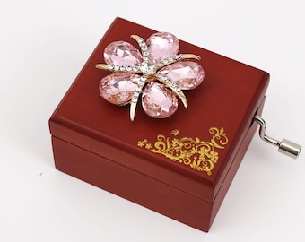Pink Rose Wood Music Box: Hand Crank, Custom Engraving