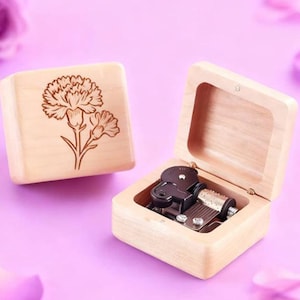Personalized Beech Wood Wind up Music Box - &#39;&quot; CARNATION FLOWER DESIGN  &#39;&#39; | 70 Tunes |