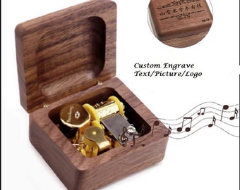 Walnut Wood Square Custom Engrave logo or text Wind Up Music box ( 70 SONGS TUNE )