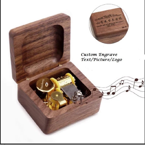 Walnut Wood Square Custom Engrave logo or text Wind Up Music box ( 70 SONGS TUNE )