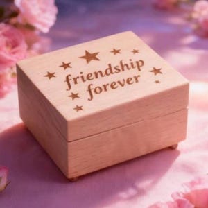 Personalized Rectangle Beech Wood Music Box | Friendship Forever with star  | : Engraved 18-Note Movement | 80 songs |