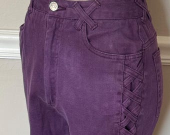 Vintage 80s High-Waisted Purple Criss-Cross Jeans | Denim Republic | Junior Size 7/8| 26" Waist