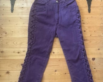 Vintage 80s High-Waisted Purple Criss-Cross Jeans | Denim Republic | Junior Size 7/8| 26" Waist