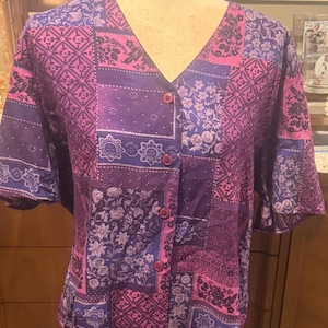 Conjunto vintage de camisa y falda con patchwork floral morado de Kathie Lee, años 90, talla XL