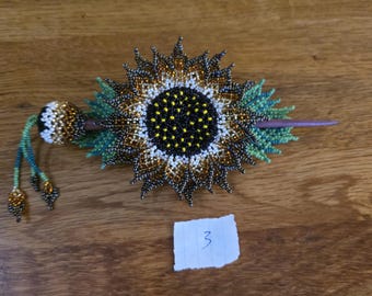 Beaded 3-D sunflower Barrette with a Beaded Stick