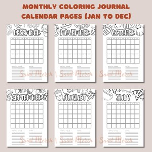 Monthly Coloring Journal Calendar Pages Printable | January to December Planner Covers | Cute Monthly Calendar Pages for Bullet Journal