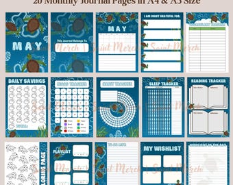 May include: A printable planner bundle with 20 pages featuring a sea turtle theme. The pages include a calendar, daily savings tracker, mood tracker, habit tracker, sleep tracker, reading tracker, vocabulary tracker, to-do list, wishlist, highlight of the day, and a coloring page.