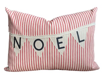 Noel Pillow Cover, Christmas Pillow, Christmas Decor, Red Ticking Stripe, Handmade Christmas, Holiday Decor, Old Fashioned Christmas, Red
