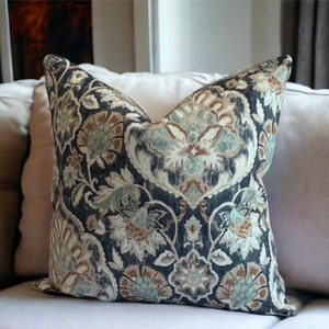 Blått blommigt örngott, 20x20, anpassade storlekar, designerkudde, blå & brun, prydnadskudde, Coussin, accentkudde, heminredning bild 6