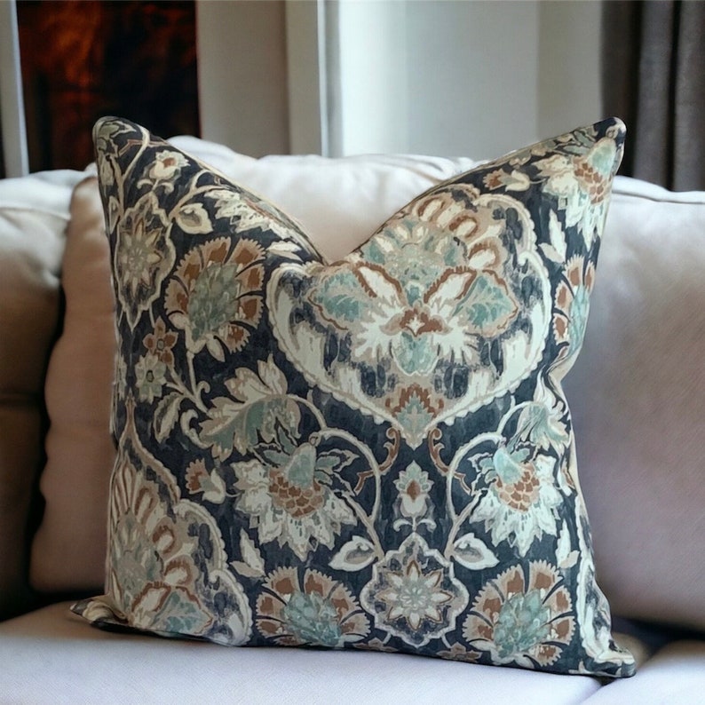 Blått blommigt örngott, 20x20, anpassade storlekar, designerkudde, blå & brun, prydnadskudde, Coussin, accentkudde, heminredning bild 6