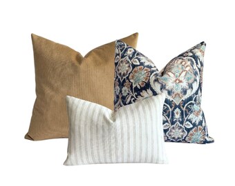 Combo de almohada azul, camello suave, floral azul, rayas blancas y greige, juego de fundas de almohada, juego de 3 fundas de almohada, combo de almohada azul y marrón